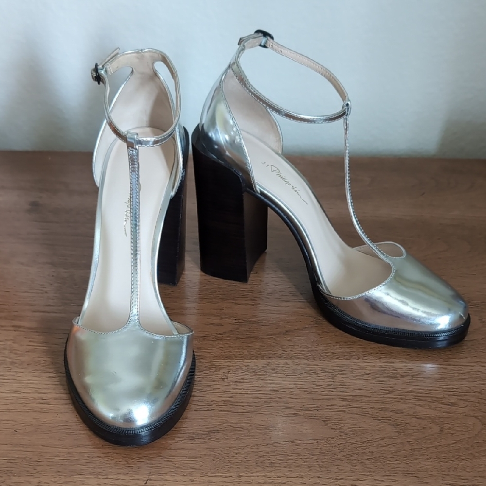 3.1 Phillip Lim Silver Heels with Ankle Strap and Block Heel